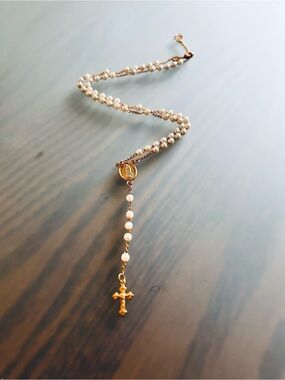 Gold and Pearl Rosary Necklace - Women Jewelry
